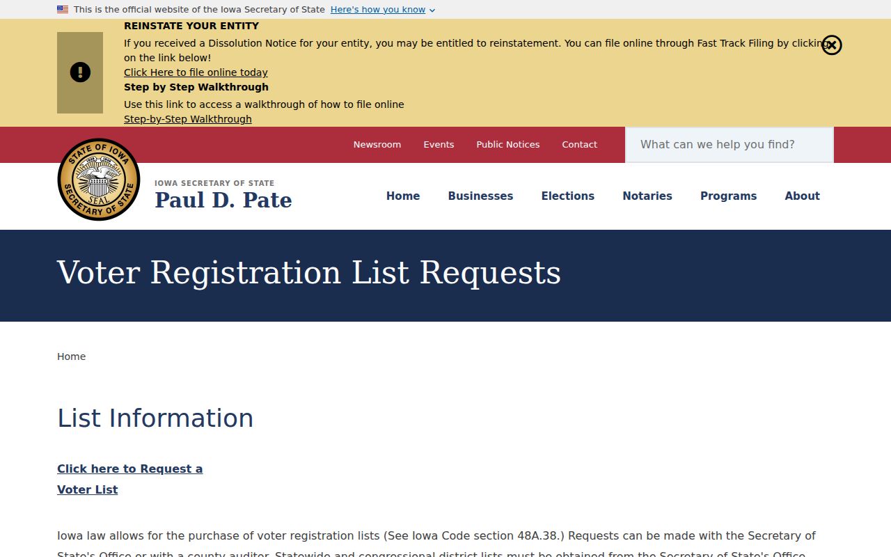 Iowa Secretary of State voter registration list request page for lawful Waukee research
