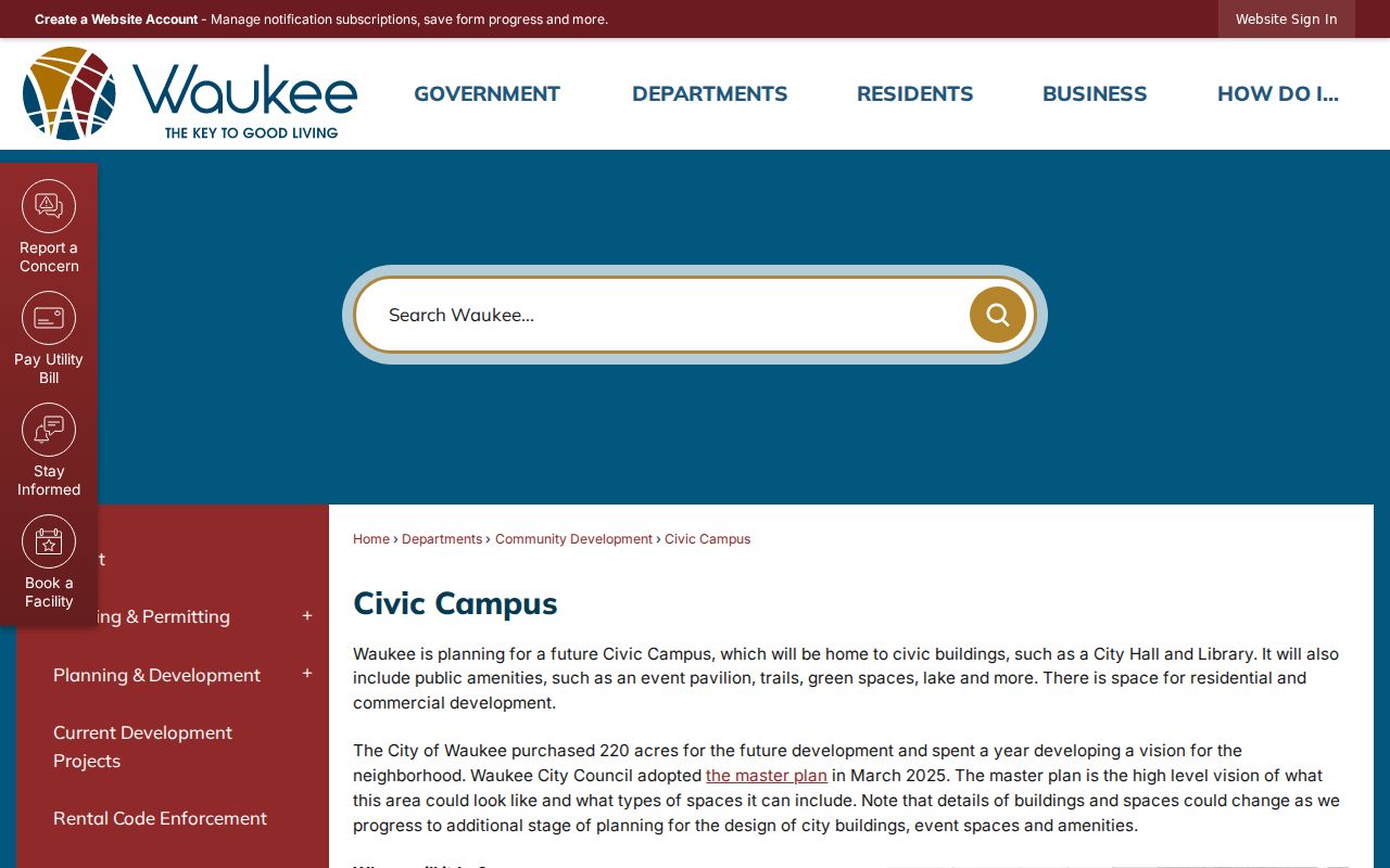 Waukee Civic Campus planning page showing future geographic change