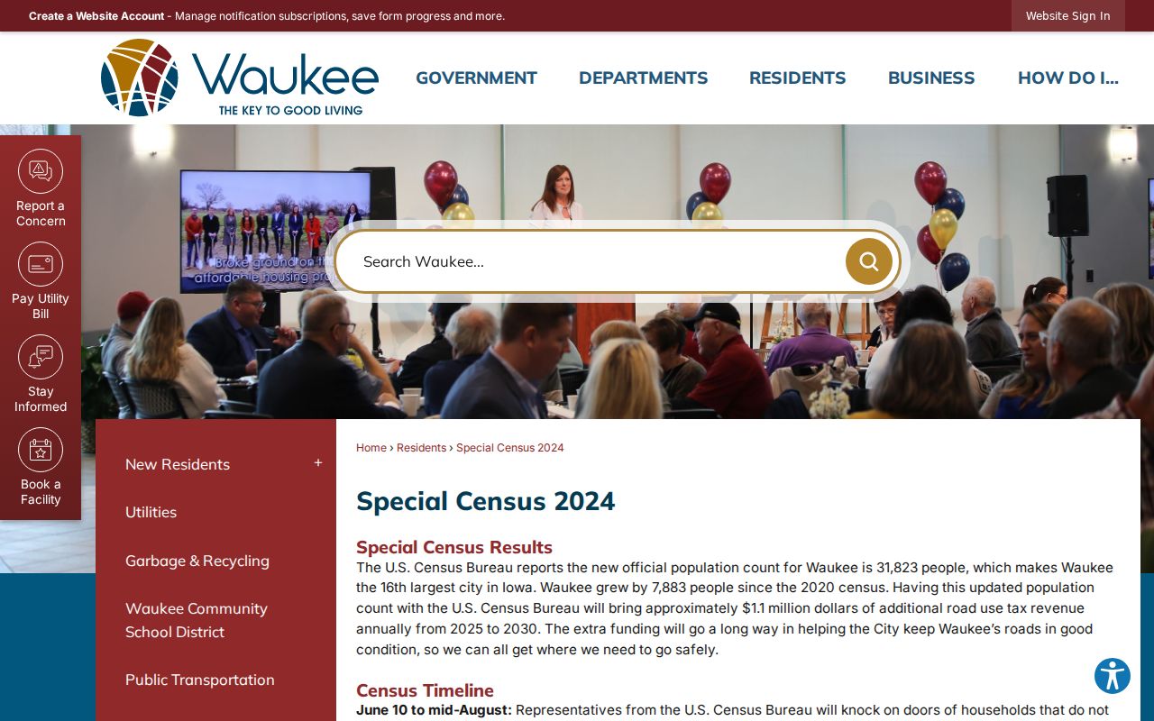 Waukee 2024 special census page documenting a dated city count